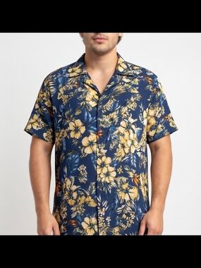 Big And Tall 3XL Casual Navy Floral Short-Sleeve Button-Down Shirt